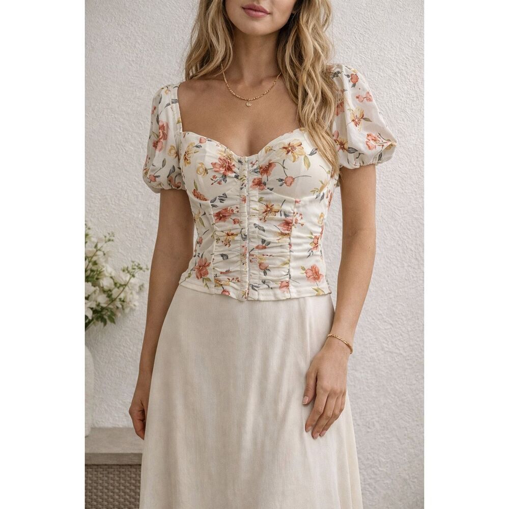 Lulus Floral Corset Top XS Cream Puff Sleeve Ruched Bust Cottagecore Romantic Bl